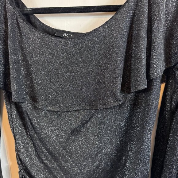 BCX Black Metallic Off-Shoulder Ruffle Long Sleeve Top – Size Medium - Picture 3 of 8